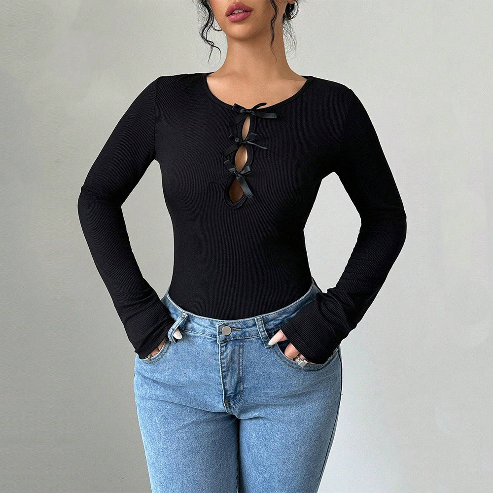 Damen Bodysuit Langarm mit Schleifen Dekoration Eveloria