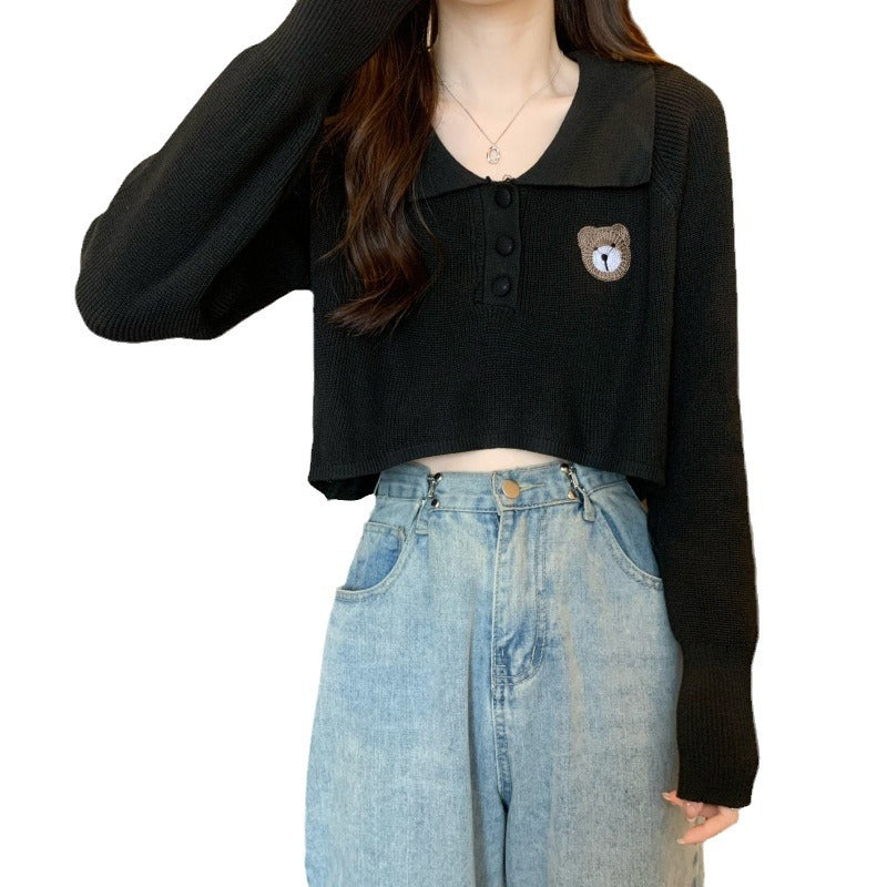 Damen Pullover Cropped Knopfverschluss Einhorn-Emblem