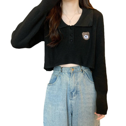 Damen Pullover Cropped Knopfverschluss Einhorn-Emblem