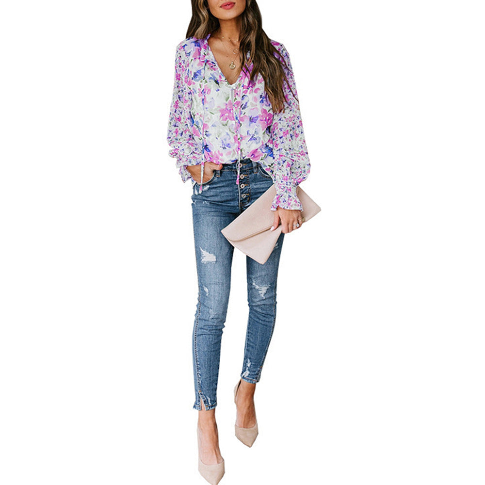 Damen Bluse mit weiten Ärmeln Floral Muster Eveloria