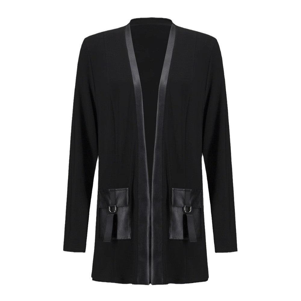 Damen Longjacke Lässig Vegan Lederoptik