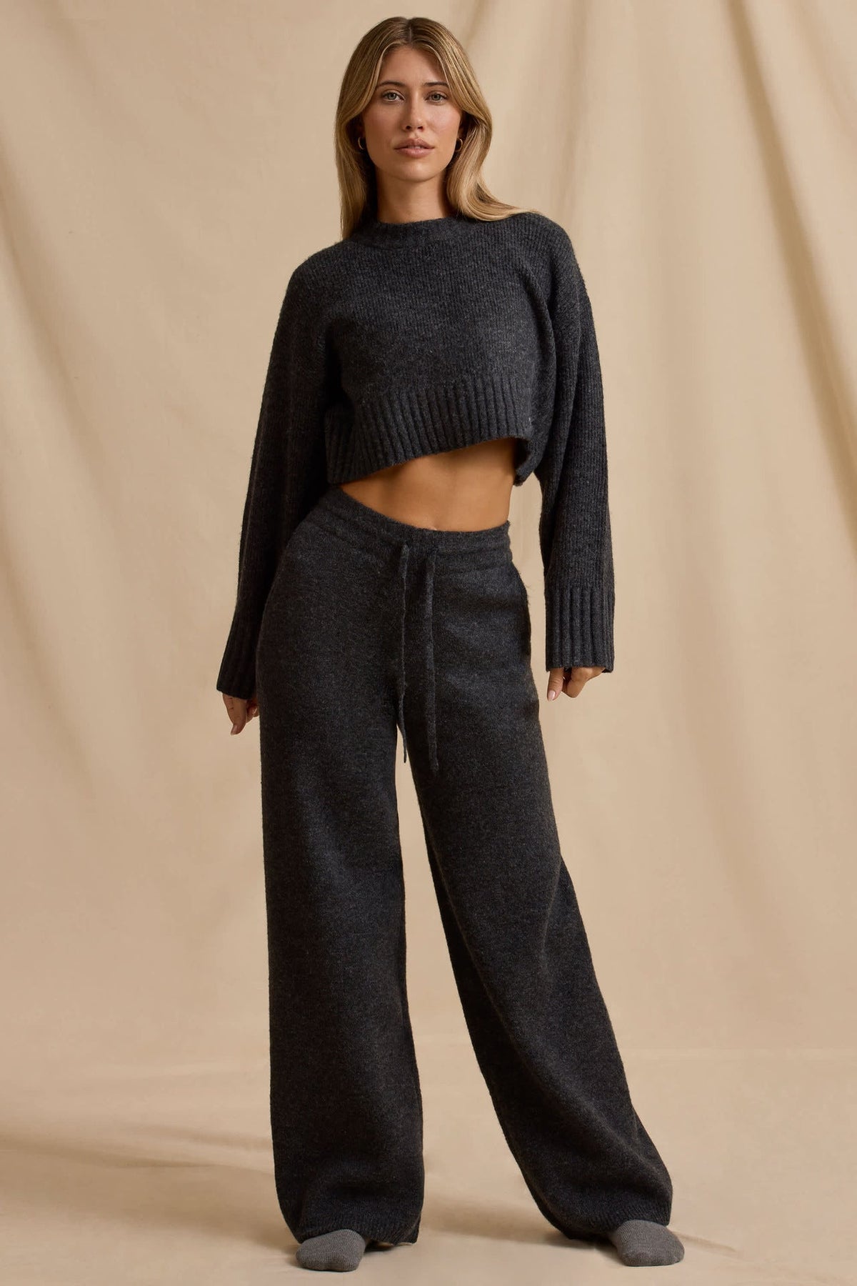 Damen Strick-Set Cropped Pullover Weite Hose Beige