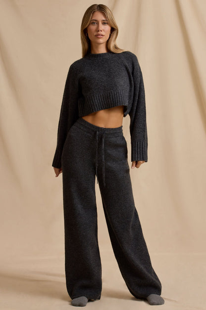 Damen Strick-Set Cropped Pullover Weite Hose Beige