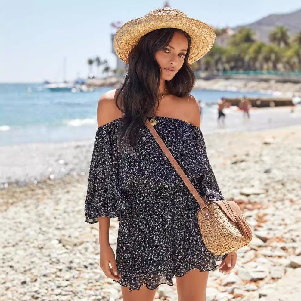 Damen Sommerkleid Off-Shoulder Rüschenärmel Elastisch