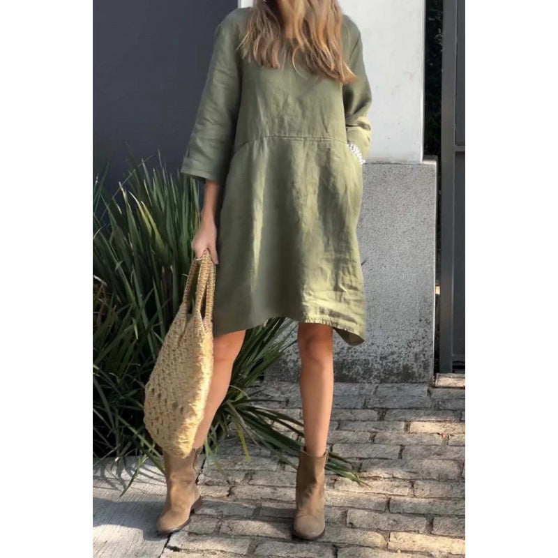 Eveloria Damenkleid Einfarbig Baumwolle Mit Taschen