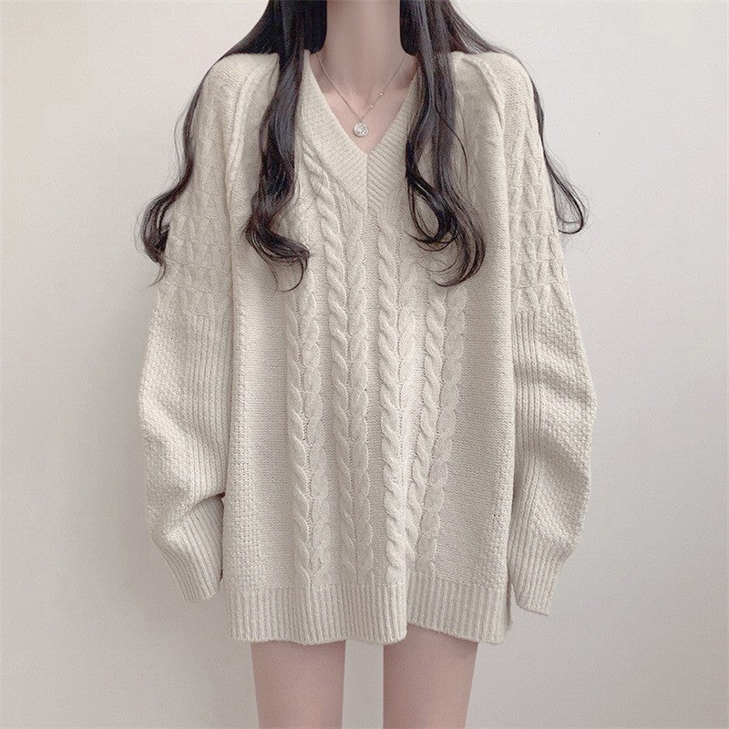 Damen Strickpullover V-Ausschnitt Großes Zopfmuster - Eveloria