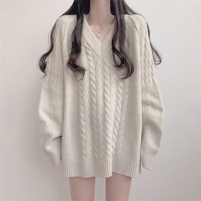 Damen Strickpullover V-Ausschnitt Großes Zopfmuster - Eveloria
