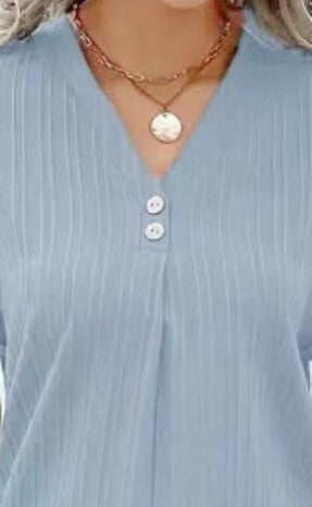 Damen Bluse V-Ausschnitt Streifenbluse aus Leinen mit Knöpfen Blau