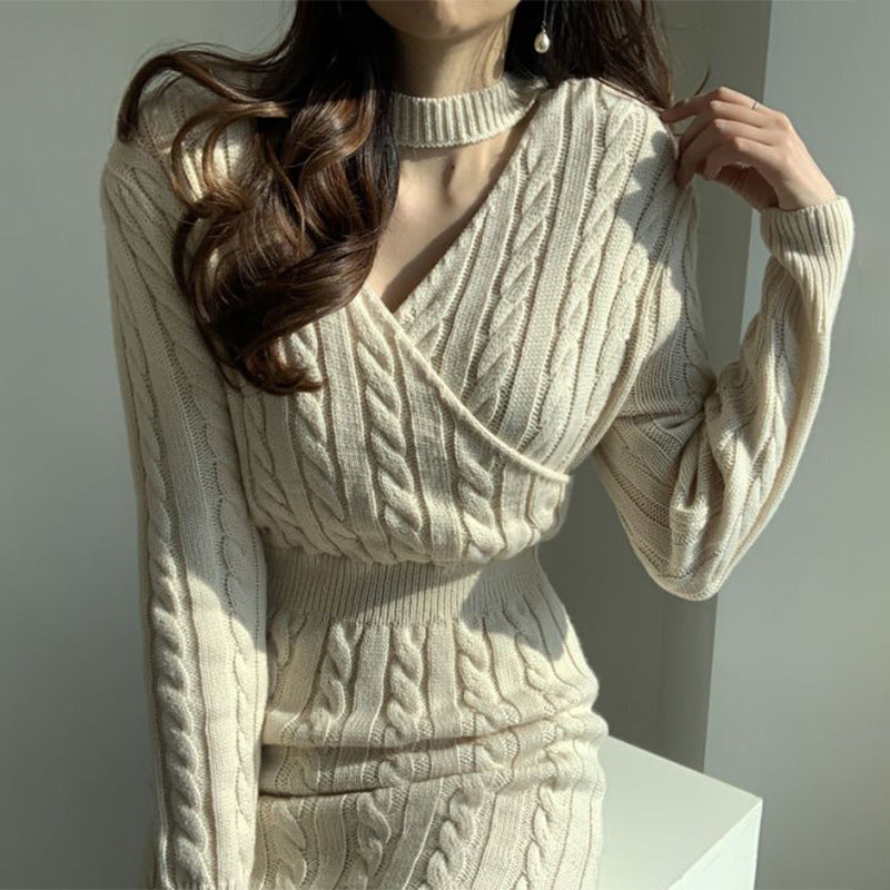 Damen Strickkleid Bunt Zopfmuster Hochtaillenschnitt Lang
