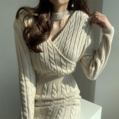 Damen Strickkleid Bunt Zopfmuster Hochtaillenschnitt Lang