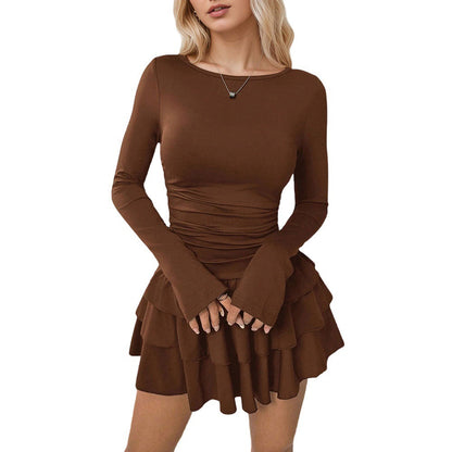 Damen Rüschenkleid Langarm Schlicht Eveloria