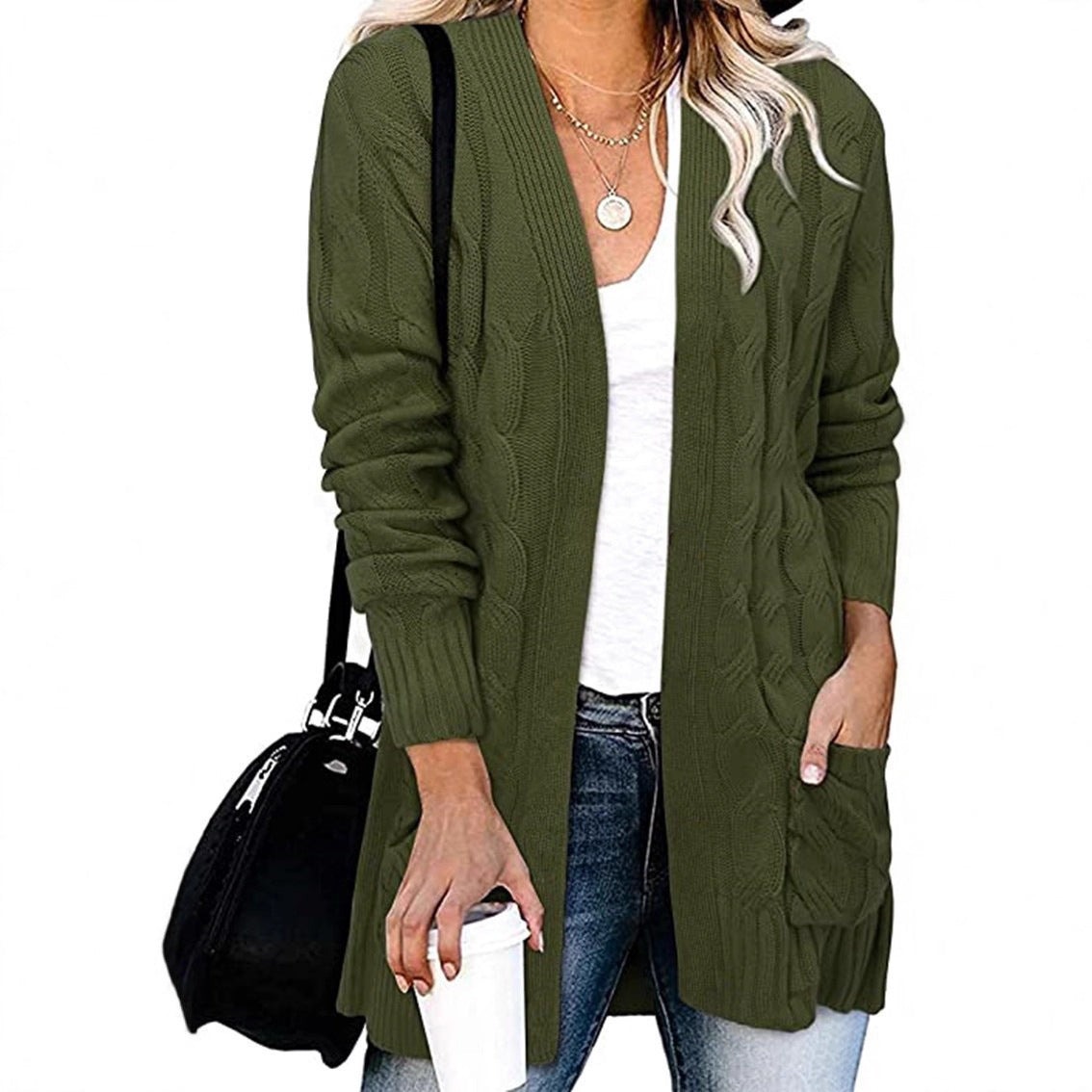 Damen Strickjacke Kabelmuster Offene Taschen Eveloria