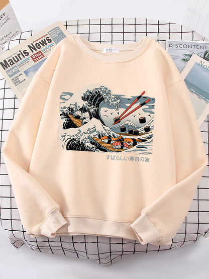 Damen Sweatshirt Wellen-Design Baumwolle Gemütlich Grau