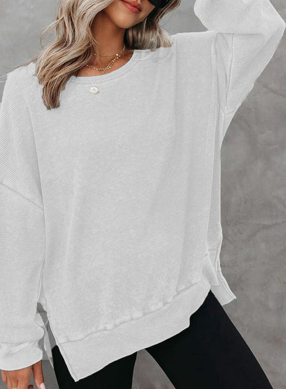 Damen Waffelpullover Lässig Mit Seitenschlitzen Grau Eveloria