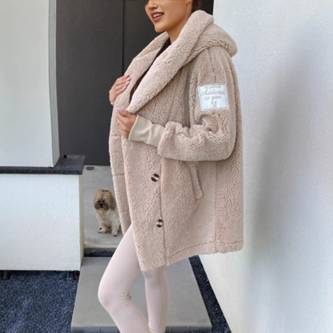Damen Teddyjacke Klassischer Kragen Praktische Taschen Braun