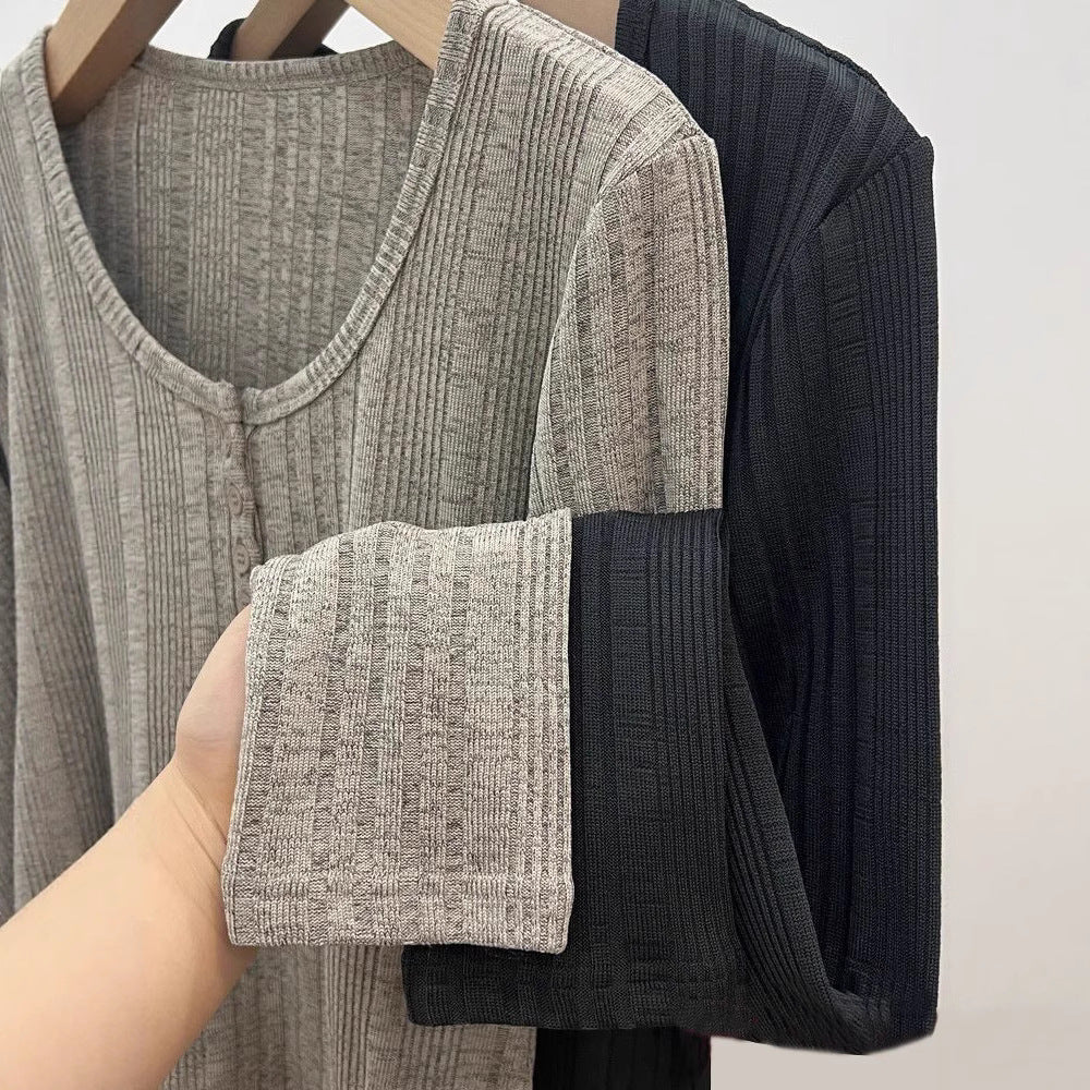 Damen Langarm-Pullover Figurbetont mit Knöpfen Eveloria