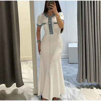 Damen Maxikleid Strukturiertes Jersey Dekorative Knöpfe