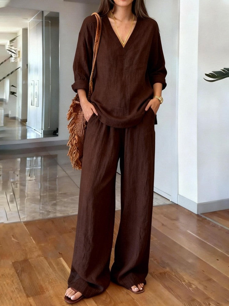 Damen Leinenoberteil und Palazzo-Hosen Set Leinen Beige
