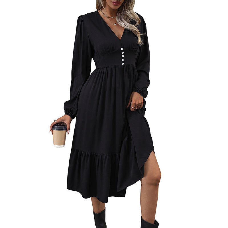 Damen Midi-Kleid V-Ausschnitt Rüschendetails Eveloria