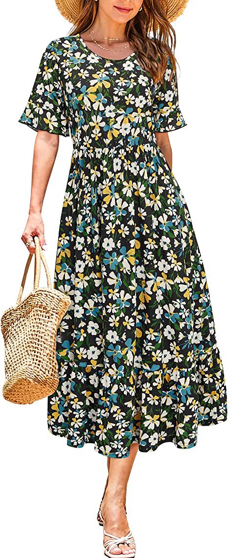 Damen Midikleid Floralmuster Rüschenabschluss Eveloria
