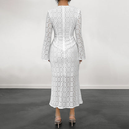 Damen Spitzenkleid V-Ausschnitt Voluminöse Ärmel Eveloria