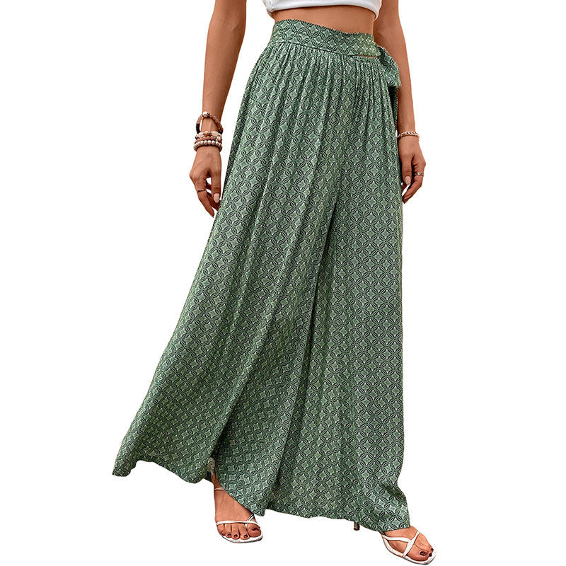 Damen Palazzo-Hose Weite mit Bindegürtel und Print