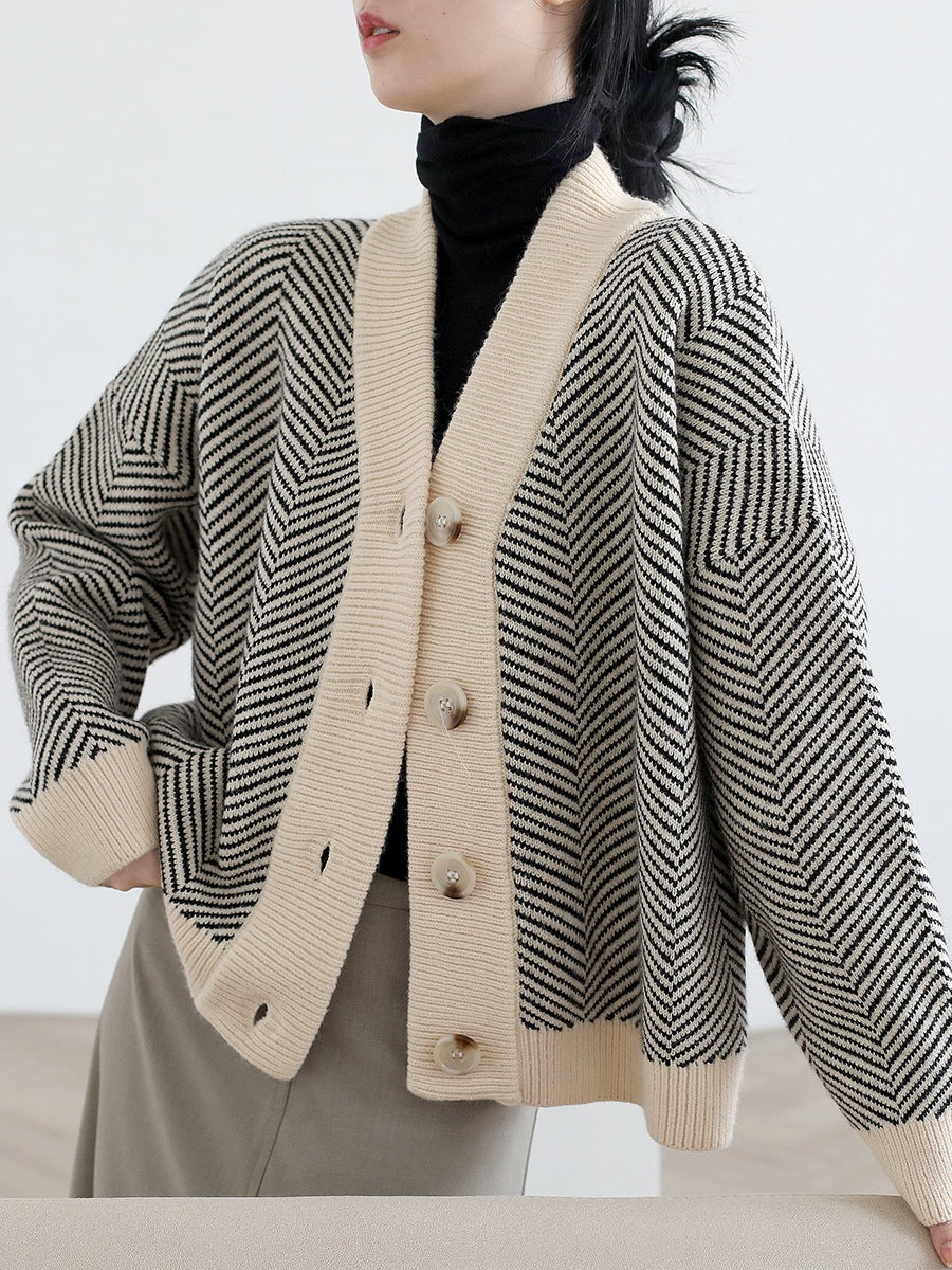 Damen Strickjacke Chevron-Muster Elegante Knöpfe Beige