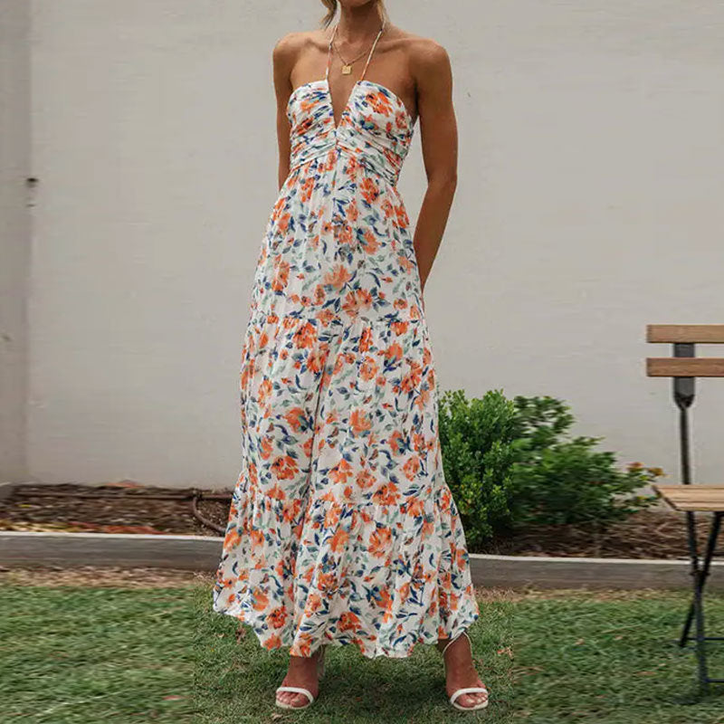 Damen Maxikleid V-Ausschnitt Raffung Romantik