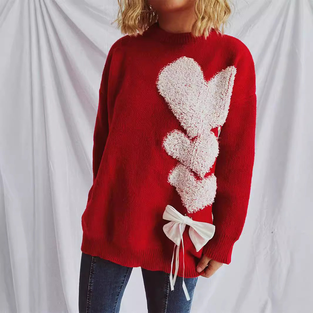 Damen Strickpullover Herzdesign mit Schleife