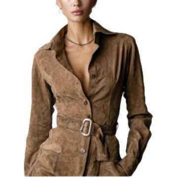 Damen Hemdblusenkleid Tailliert Gürtel Seitentaschen Eveloria