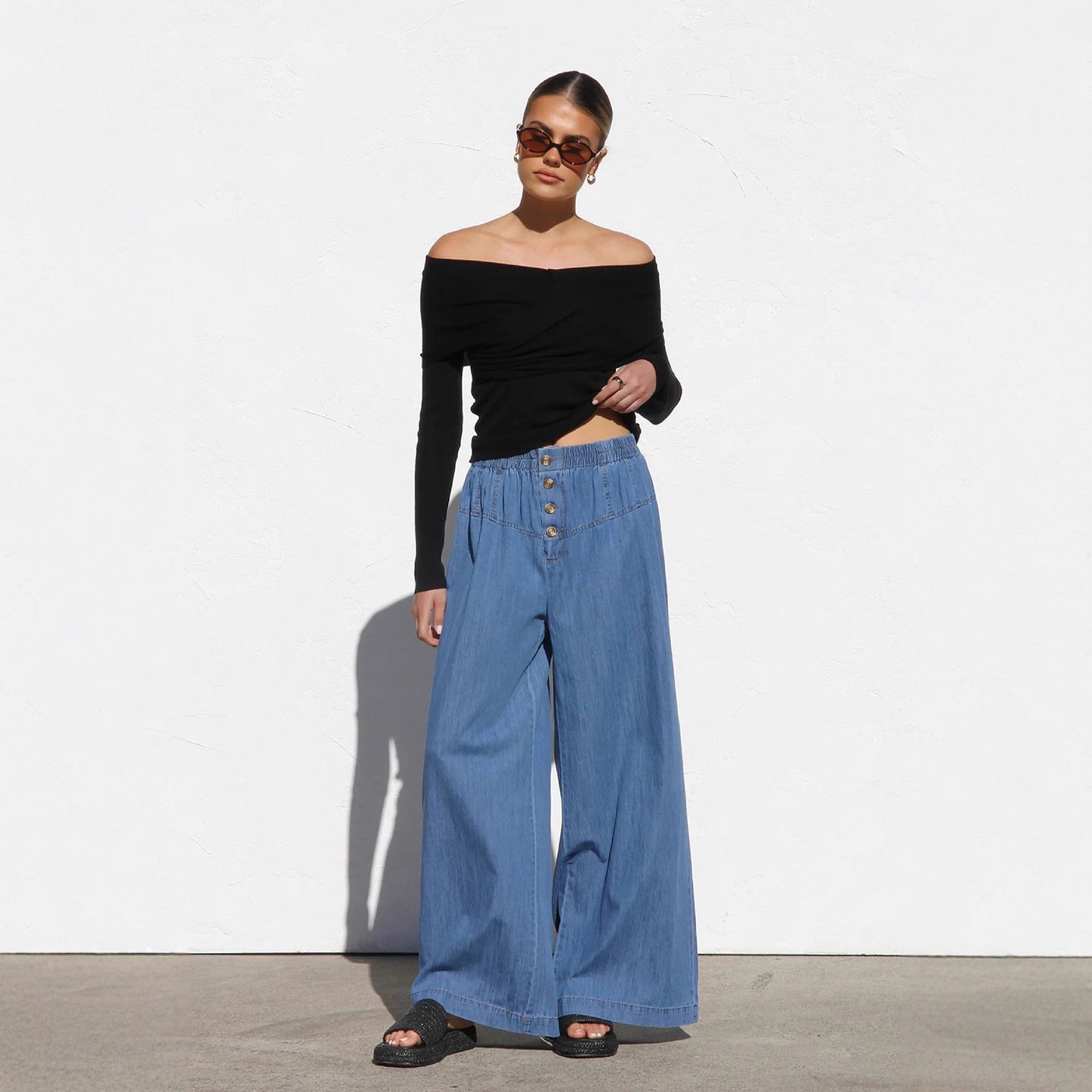 Damen Weite Jeanshose Elastisch Blau Eveloria