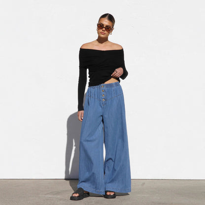 Damen Weite Jeanshose Elastisch Blau Eveloria