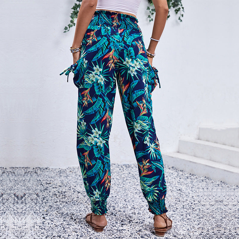 Damen Cargo-Hose Elastischer Bund Bunter Blätter-Print