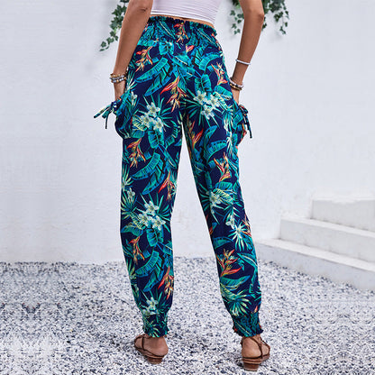 Damen Cargo-Hose Elastischer Bund Bunter Blätter-Print