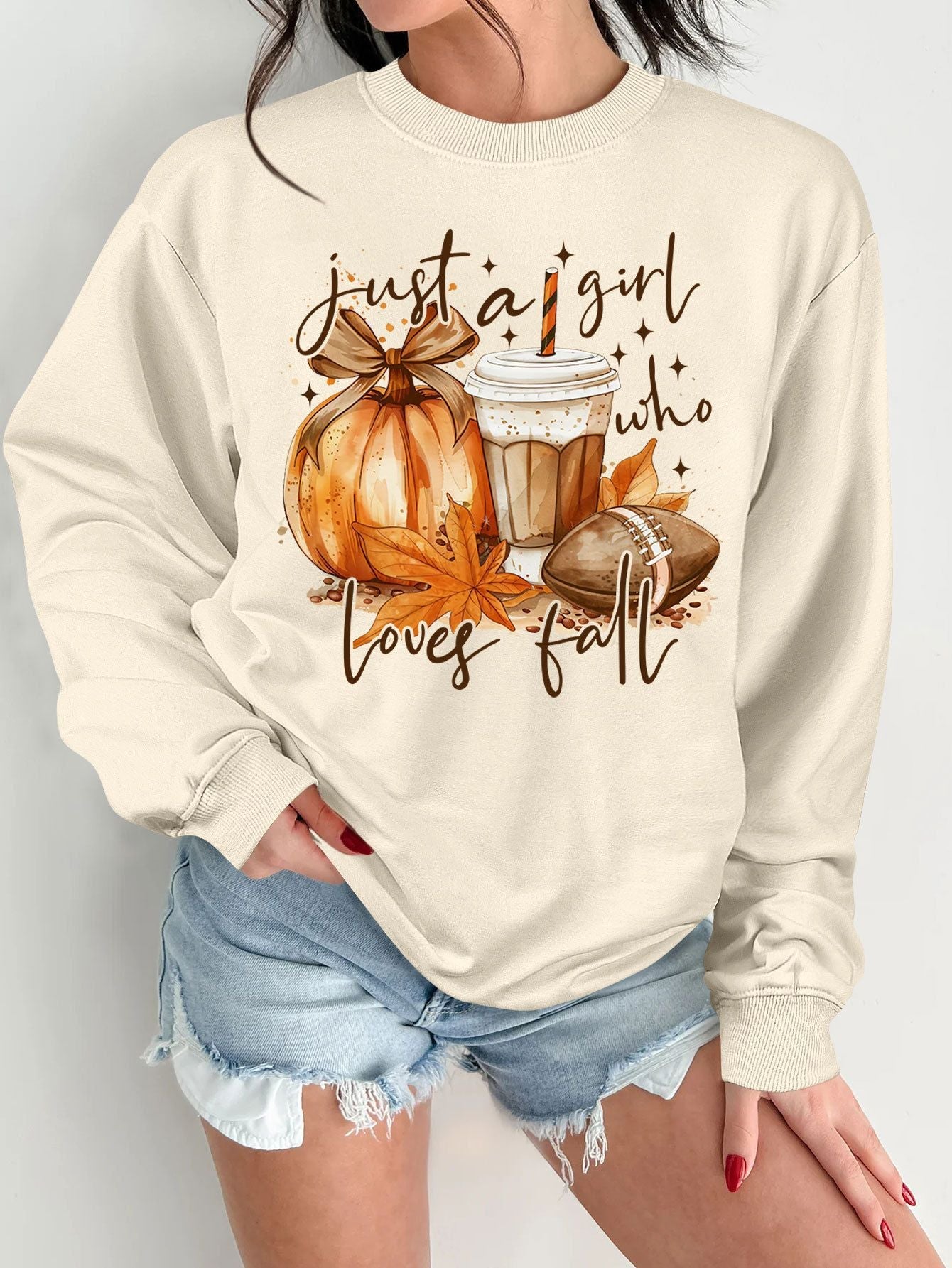 Damen Sweatshirt Herbstmotiv Baumwolle Inspirierender Druck Beige