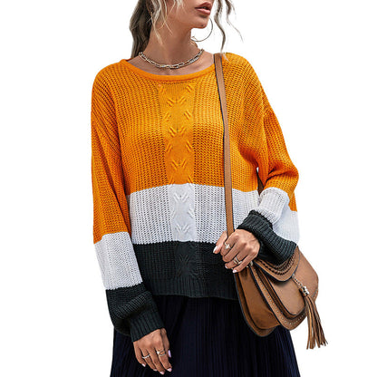 Damen Strickpullover Weit Modische Blockstreifen Beige