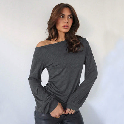 Damen Off-Shoulder Langarmshirt Rüschendetails Elegantes Design