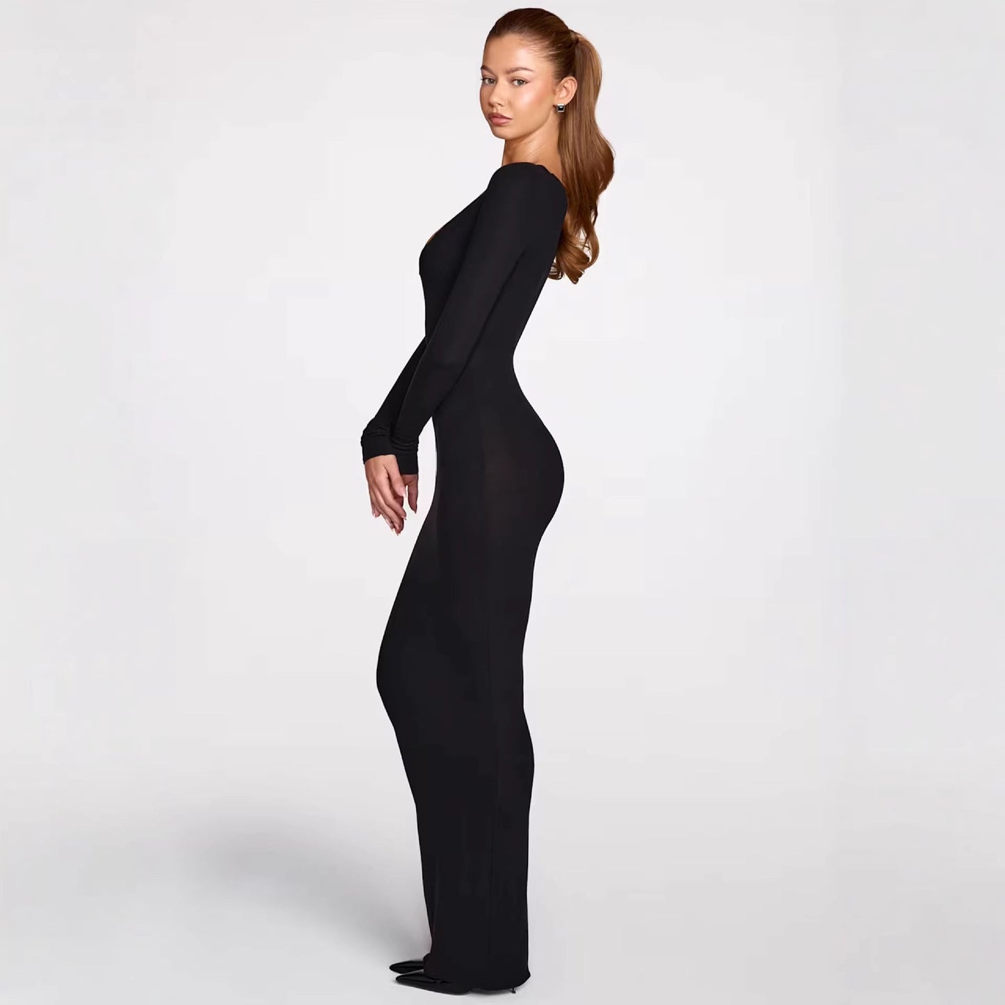 Damen Maxikleid Figurbetont Spitze V-Ausschnitt