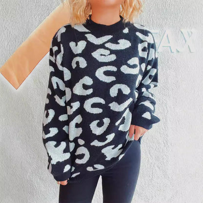 Damen Oversized Pullover Leopardenmuster Rundhalsausschnitt