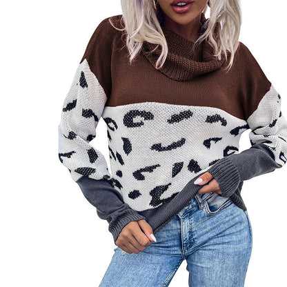 Damen Strickpullover Leo-Muster Hochkragen Grobstrick