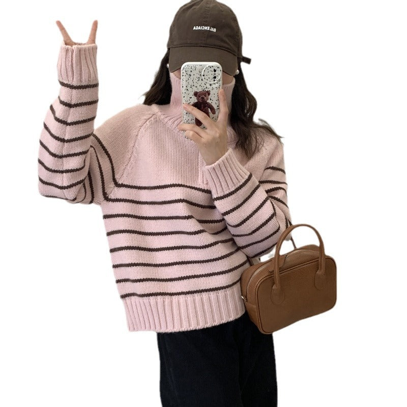 Damen Pullover Gestreift Halb Reißverschluss Grau