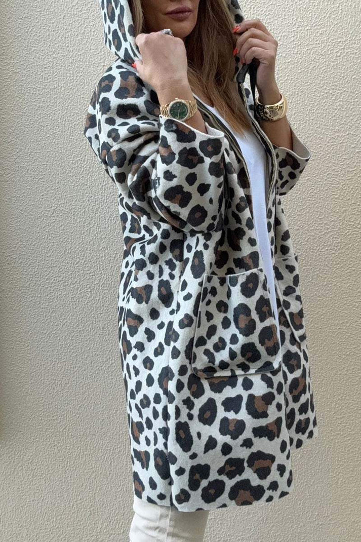 Damen Kapuzenjacke Leopardenmuster Taschen Eveloria