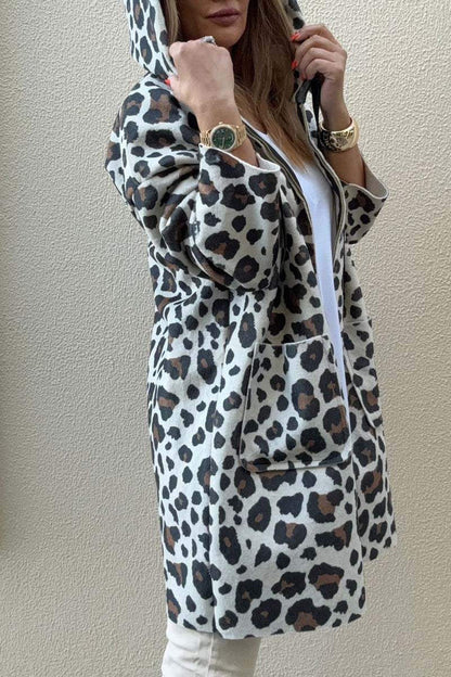 Damen Kapuzenjacke Leopardenmuster Taschen Eveloria