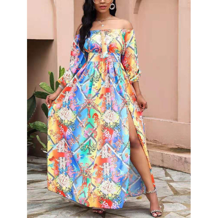 Damen Maxikleid Offene Schulter Barockmuster Eveloria