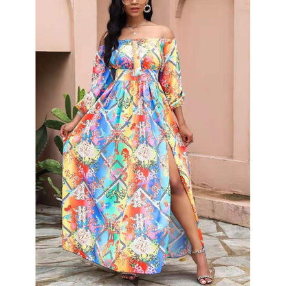 Damen Maxikleid Offene Schulter Barockmuster Eveloria