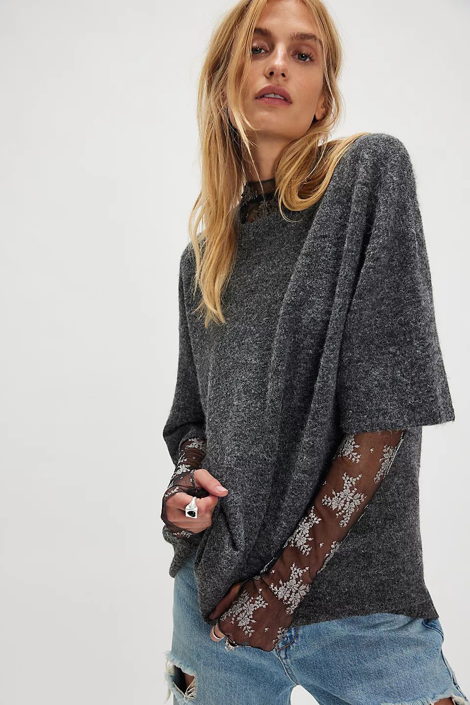 Damen Sweatshirt Halbtransparent Spitze Lässiger Schnitt