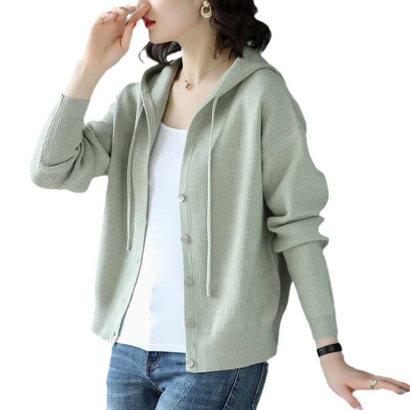 Damen Strickjacke mit Kapuze und Knöpfen Grau
