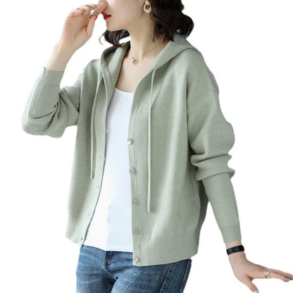 Damen Strickjacke mit Kapuze und Knöpfen Grau
