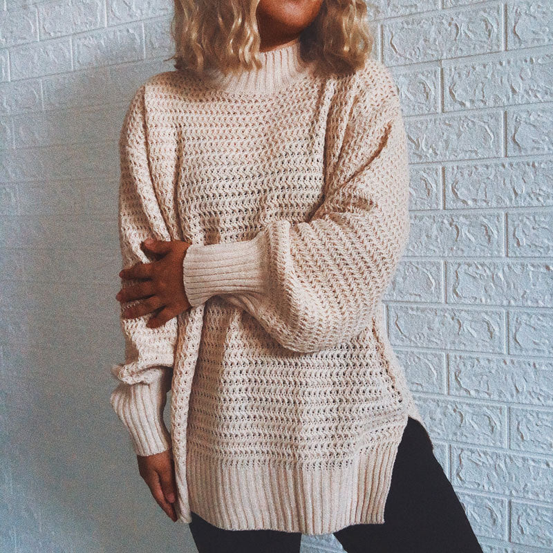 Damen Strickpullover Hochkragen Volumärmel Grau Eveloria