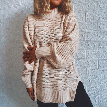 Damen Strickpullover Hochkragen Volumärmel Grau Eveloria